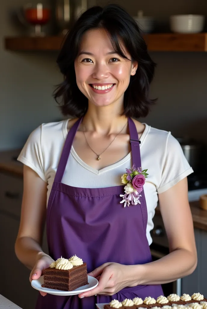  a 42 year old woman ,  very natural , with a simple dress and flowery purple apron, making handmade cake and making handmade chocolates. Women have medium black hair, black eyes and very fair skin . I would like to look very natural and realistic