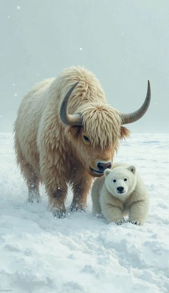 A yak using its strong horns to push the snow away while another gently pulls the trapped polar bear cub."