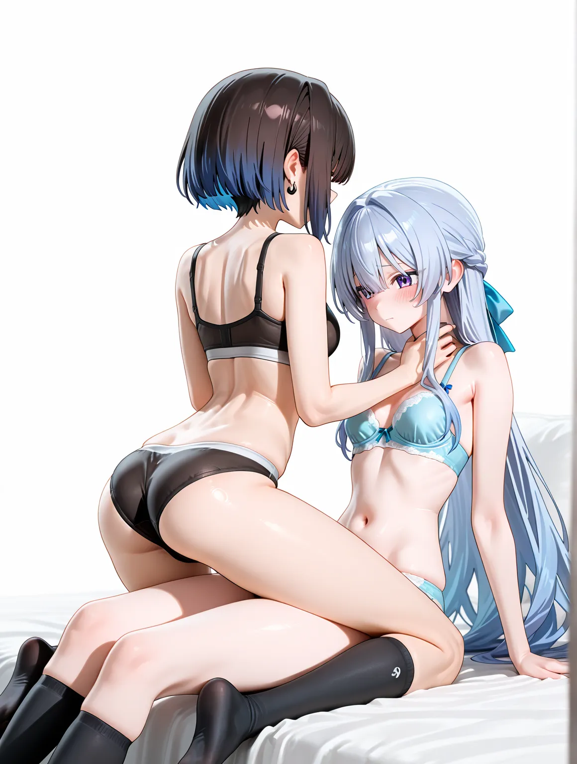 2 girls、 accurate human body structure 、8k,masterpiece, Best Quality,  Anime Girl ,  is exquisite and beautiful, when my earlobes were fueled 、  clear _picture、  vulgar、 high school girl 、 Horny girl 、 slim body、 is embarrassing、shy、（Girl 1、 in underwear、b...