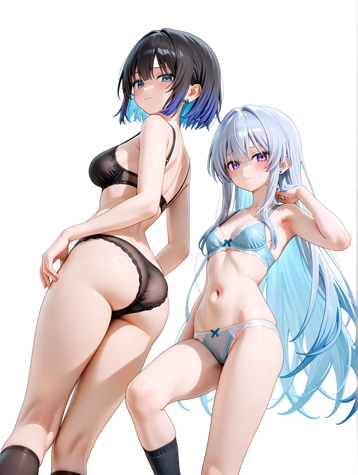 2 girls、 accurate human body structure 、8k,masterpiece, Best Quality,  Anime Girl ,  is exquisite and beautiful, when my earlobes were fueled 、  clear _picture、  vulgar、 high school girl 、 Horny girl 、 slim body、 is embarrassing、shy、（Girl 1、 in underwear、b...