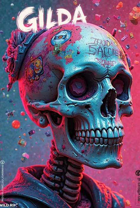 Skull similar to Harley Quinn gaming style with the text GILDA at the top. in the center the text ZERO SUICIDE SQUAD. in basso il testo WILD RIFT. all with bright colors