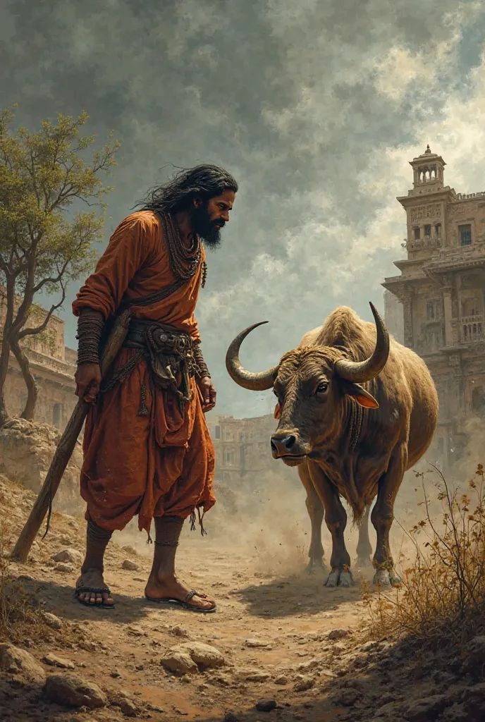 ox and angry ancient indian farmer