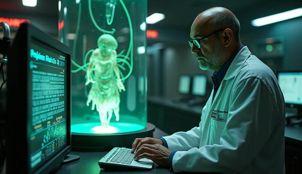 A futuristic high-tech laboratory with dim, flickering lights. In the center, a containment chamber filled with glowing greenish fluid holds a human test subject connected to multiple tubes. . The head scientist, Dr. Arvind Khanna, is a 52-year-old bald ma...