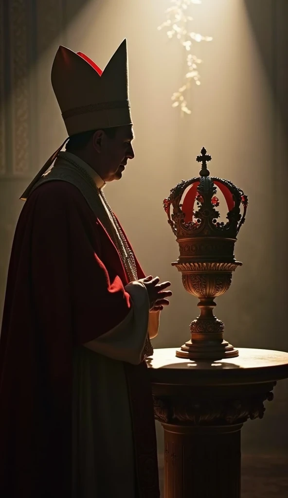 "Portray the silhouette of a cardinal looking at the Papal Tiara (Triregnum) placed on a pedestal, in a dramatic and symbolic scene. The soft light should highlight the importance of the decision and the grandeur of the moment."