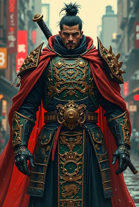 Can u give me a tungsten in manga style for jk 6 feet tall and like a design aligns to yakuza style armour with red and green pattern and dragon like symbol like that represent yakuza

