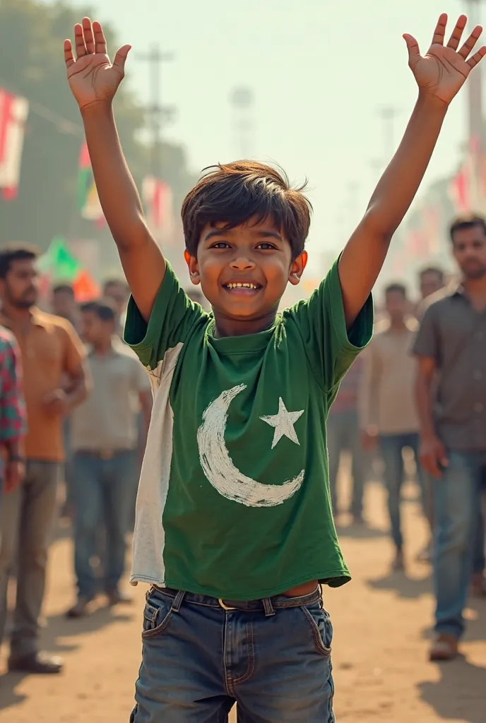 A boy Draw Pakistan flag on their shart rises their hands in air 