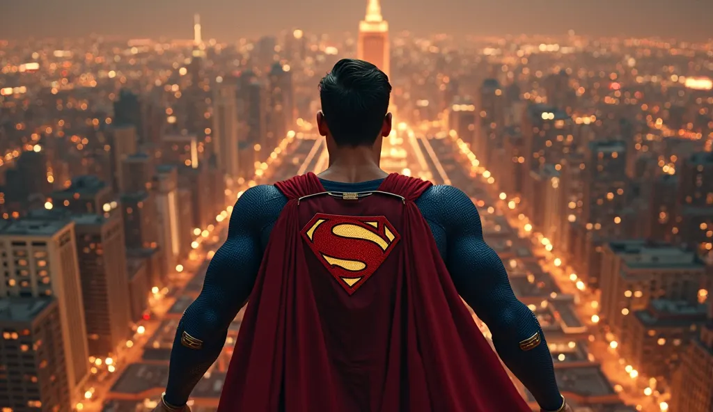 A stunning 4K cinematic shot of Superman hovering above a vast cityscape at night, seen from behind. His iconic red cape billows majestically in the wind, illuminated by the golden glow of the sprawling metropolis below. The towering skyscrapers stretch to...