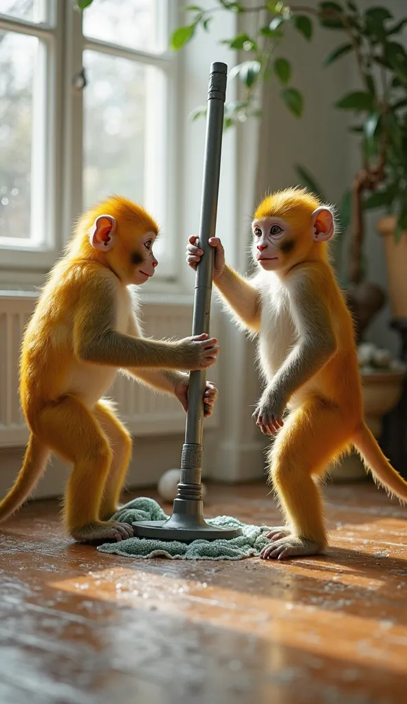 2 Adorable Yellow Monkeys Are Cleaning Their House With An Industrial Mop. The weather, the house is too wet. 2 monkeys tell each other to close the windows, close the bathroom, wipe the house with a dry rag. 