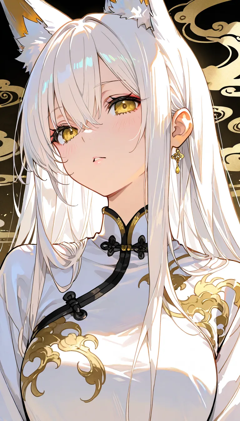  (1girl:1.2),(solo:1.5),masterpiece,best quality,detailed face,highly detailed, best quality, highres, 1 woman,Fox Devil,Wear ancient Chinese clothes,white hair,golden eyes
