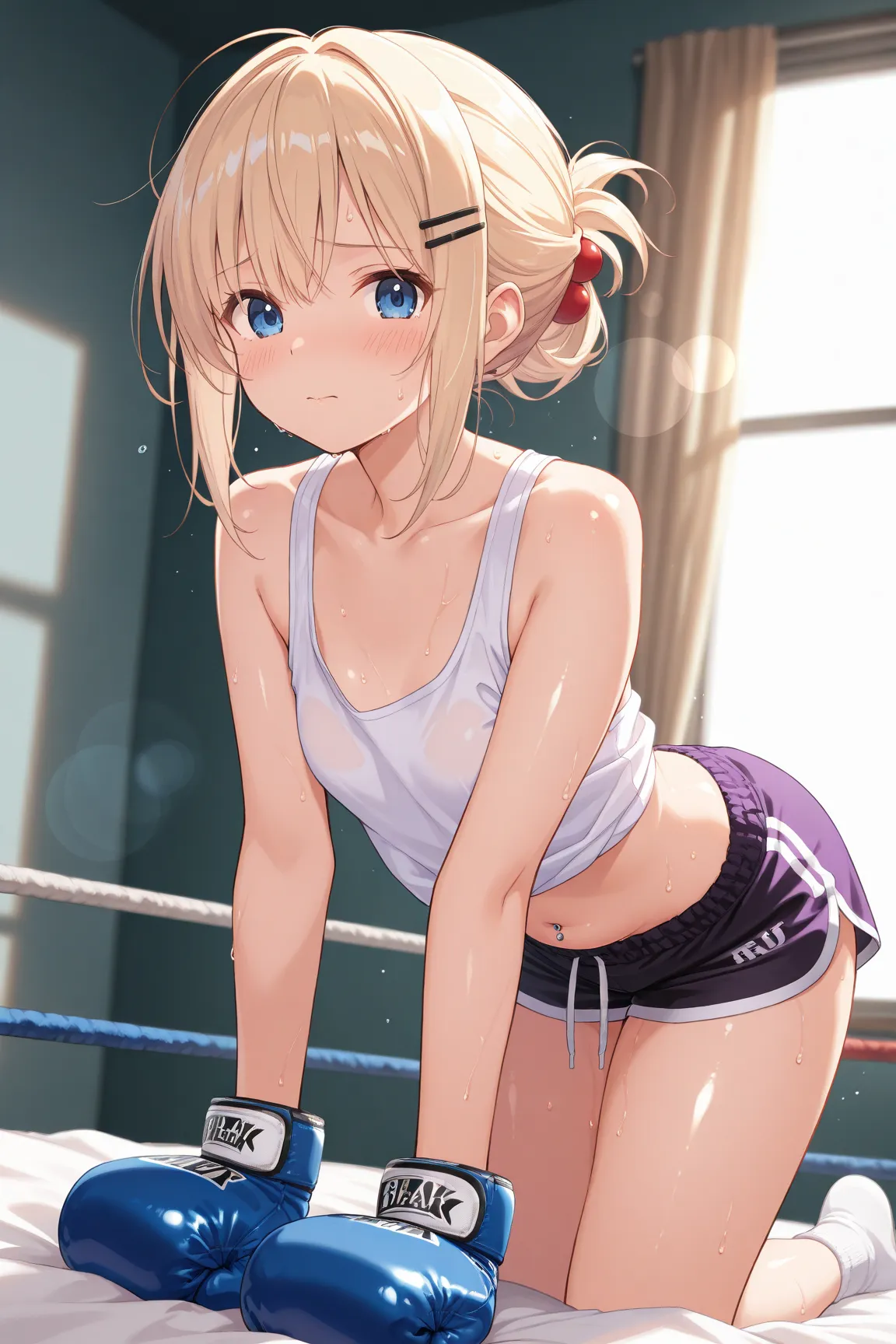 masterpiece, best quality, amazing quality, very aesthetic, high resolution, ultra-detailed, absurdres, newest, scenery, depth of field, volumetric lighting,  1 girl ,shy,is embarrassing、looking at viewer,blue eyes,white tank top,boxing gloves,BRAKE,belly ...