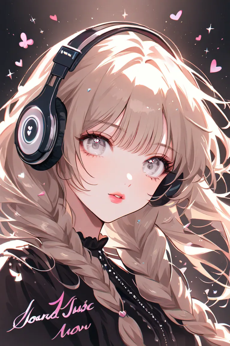  little character 、girls、Heart、Electronic Sound(note)、Now Available( music)、Playing (sing)、 handwritten style、Feather、 white、headphones、cute face、Half Body、beige hair、long hair、braids、white eyes、black dress 、、pink cheeks、small lips、pink lips、 from afar、