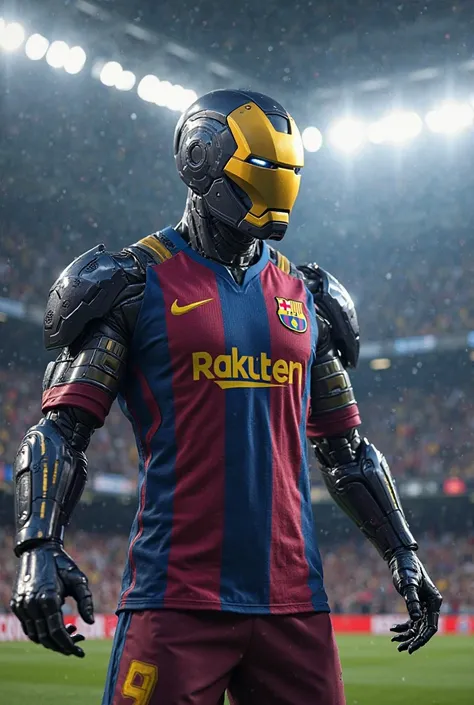 A futuristic armored superhero resembling Iron Man, wearing an official FC Barcelona football jersey. The jersey has red and blue stripes, and it blends seamlessly with the superhero’s metallic armor. The scene takes place in a packed stadium with bright l...