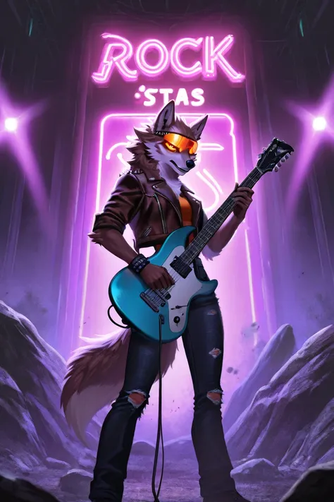 an anthropomorphic wolf wearing dark colored rock star clothes, leather jacket, headband, ripped jeans, glowing eyes, standing on stage holding a guitar, neon lights in the background