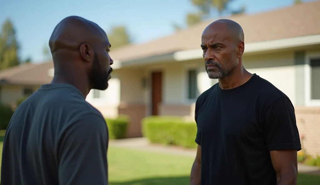 A 40-year-old Black man wearing a black t-shirt stands outside a suburban house in daylight. He has a serious but calm expression as he faces a bald white man who is angrily shouting at him. The bald white man appears aggressive, leaning slightly forward, ...