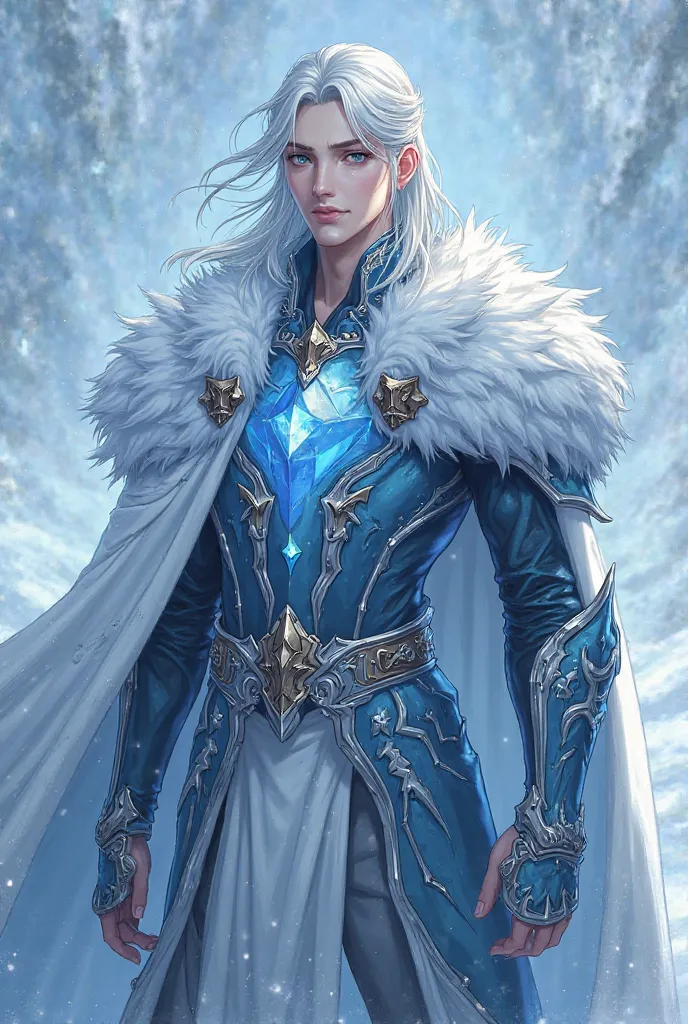 The Ice King, Aedrin, is a tall man with features as cold and sharp as ice itself. His skin is naturally pale, as if carved from the purest ice, while his icy blue eyes reflect an unfathomable depth, like a frozen lake hiding deep secrets. 

His hair is si...