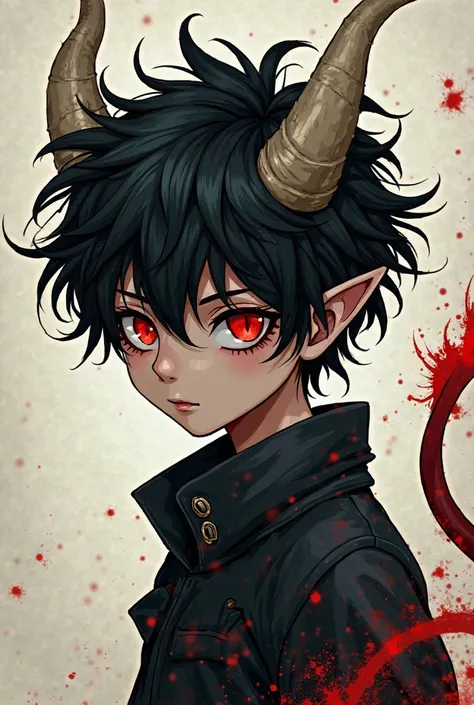  boy, medium long disheveled hair,fluffy hair,spiked hair, black hair, bone horns, scarlet red eyes, long blood tail, thin,Manhwa comic 2D style.