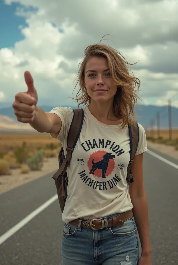 Take me a picture of a woman with a T-shirt that says champion dane and hitchhiking on the highway