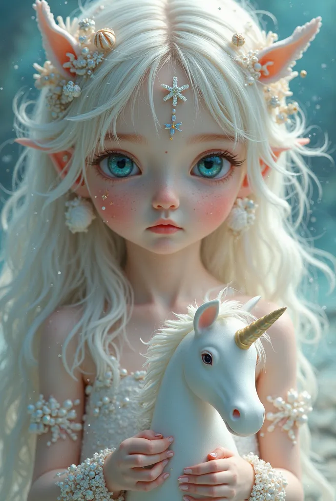 
A whimsical and ethereal girl with long, flowing, pale hair adorned with pearls and seashells, creating a marine-themed aesthetic. She has striking blue eyes and soft, delicate features. Her skin is embellished with shimmering pieces resembling underwater...