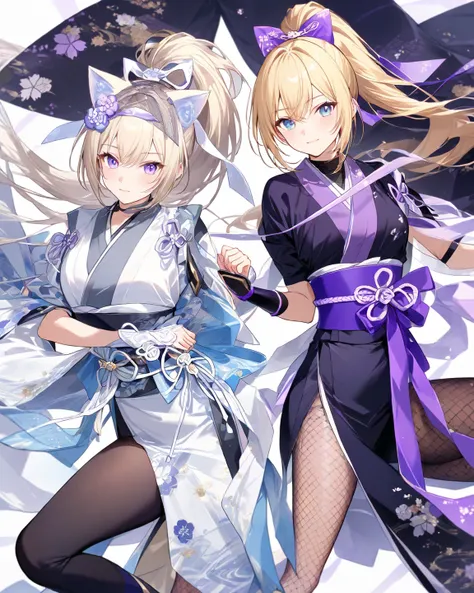 Ninja, Blond ponytail, Kimono-style costume of blue and white tones, Black innerwear, Net tights, Purple ribboned sash around waist, Flowing white ribbon on back, Cat ears-like accessories, Japanese style and elegance, Costume details: kimono design with w...