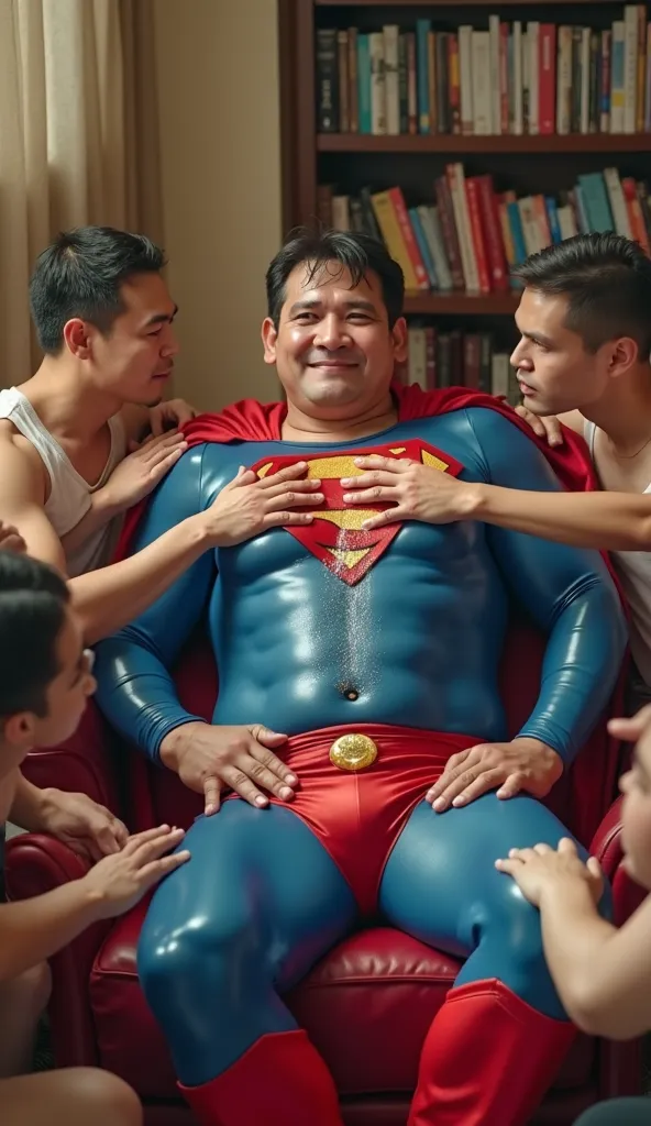 superman with people, gay, SM play, neat, Randomize camera shot & angle, bedroom, Asian apartment, on the large sofa, colorful background detailed,
[Superman : middle aged, thick, muscular, nice physics, perfect anatomy, feel helpless, humiliated by people...