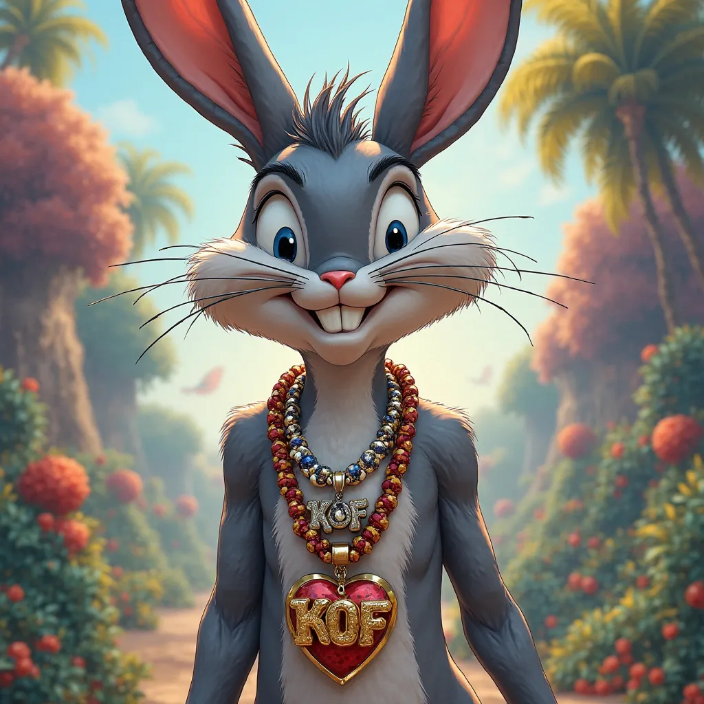 The cool bugs bunny wearing necklaces with the text "KOF" 