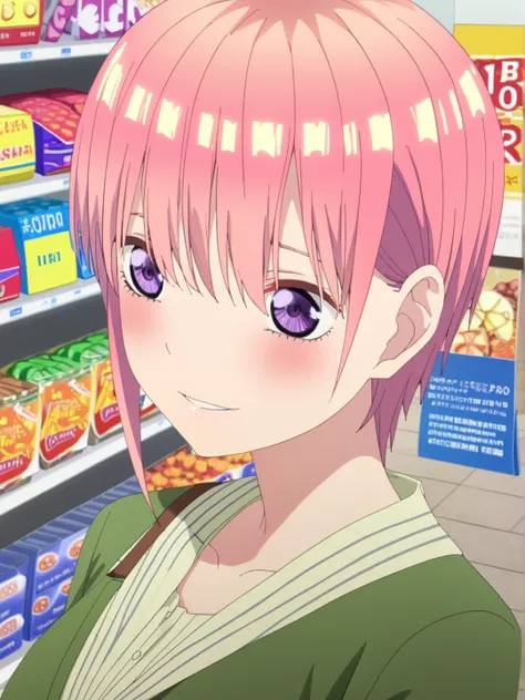 Best Quality、masterpiece、1 girl、 Nakano Ichika、short hair、pink hair、Shiny Hair、 eyebrows hidden by parasoled hair 、hair between eyes、bangs、purple eyes、I'm shopping at a store