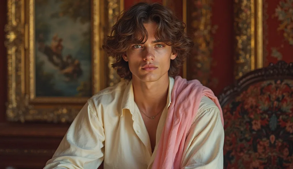 A captivating portrait of a young man with tousled wavy hair, dressed in a flowing light-colored shirt layered with a delicate pink drape. He sits gracefully against a richly decorated background featuring classic elements like gilded frames and intricate ...