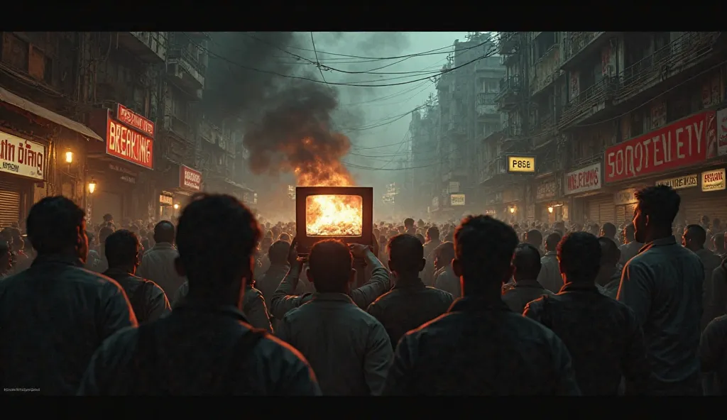 A dramatic scene depicting a dark and eerie Indian street with breaking news banners showing "2006 Noida Crime Shocker". A crowd of people looks horrified as they watch the news on TV screens.