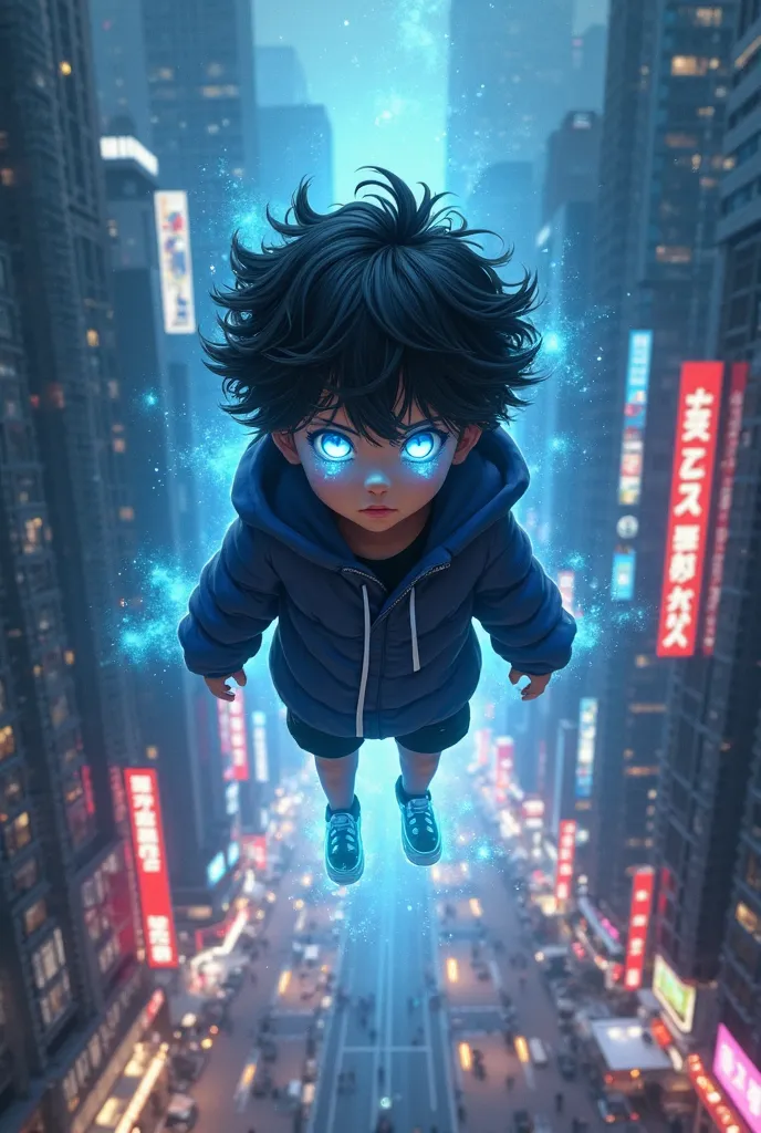 An anime boy with glowing blue eyes, dark skin, curly black hair, and glowing blue marks on his cheecks, hovering above a city street