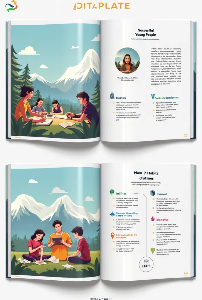 Layout 2: Image Focused Layout
The left page:

Large image occupies 70% page: A group of young people working in a team, learning , or a motivational image such as the mountain, The Path to Success.

Small title: "The Power of Habits" (small font, placed i...