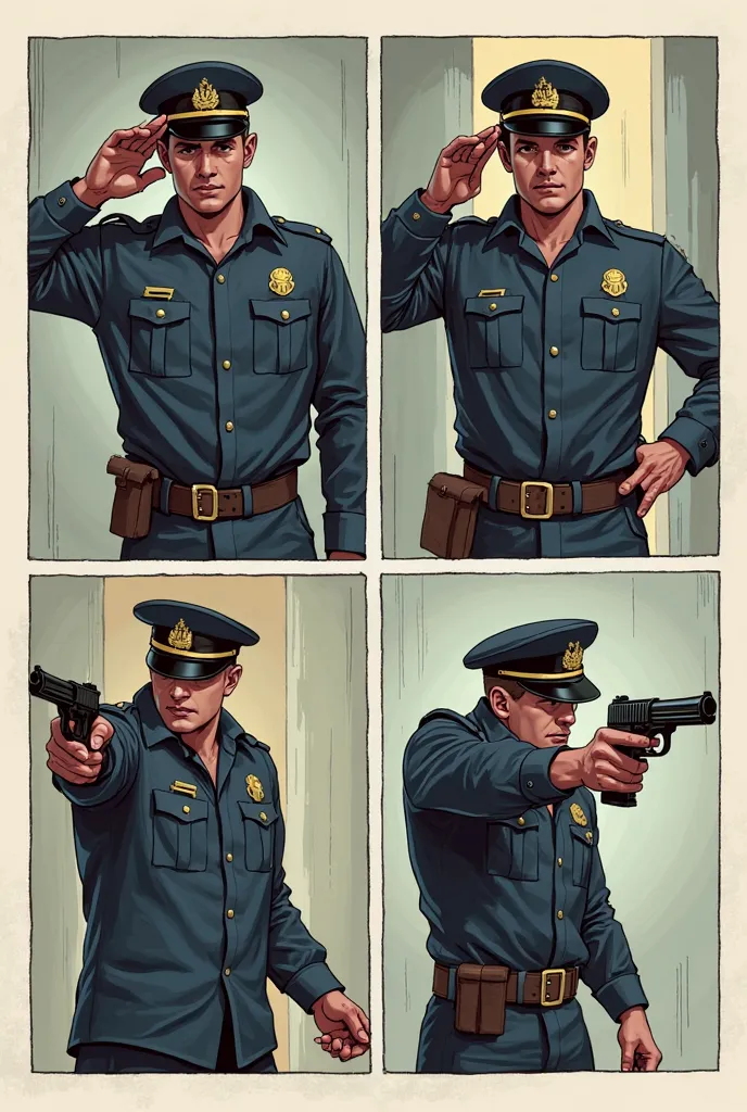 four scenes on the comic page In one scene, your character will be wearing a guard's uniform, and we can show him saluting. In another scene, he will be alert, standing In the third scene, he will be drawing his gun from his side, and in the fourth scene, ...