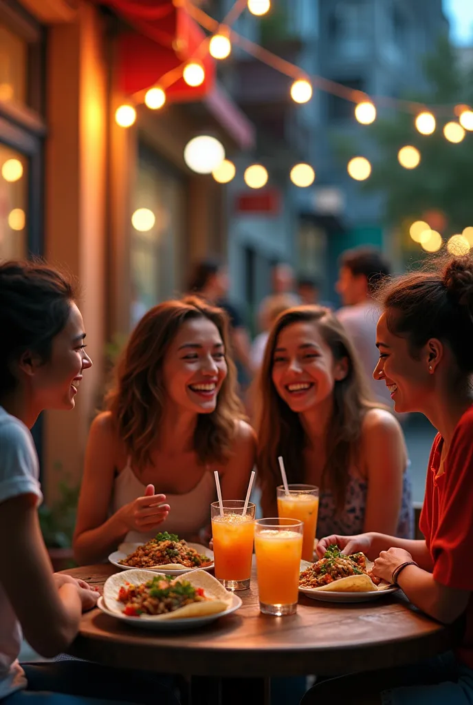 Young people having tacos at night in a corner 