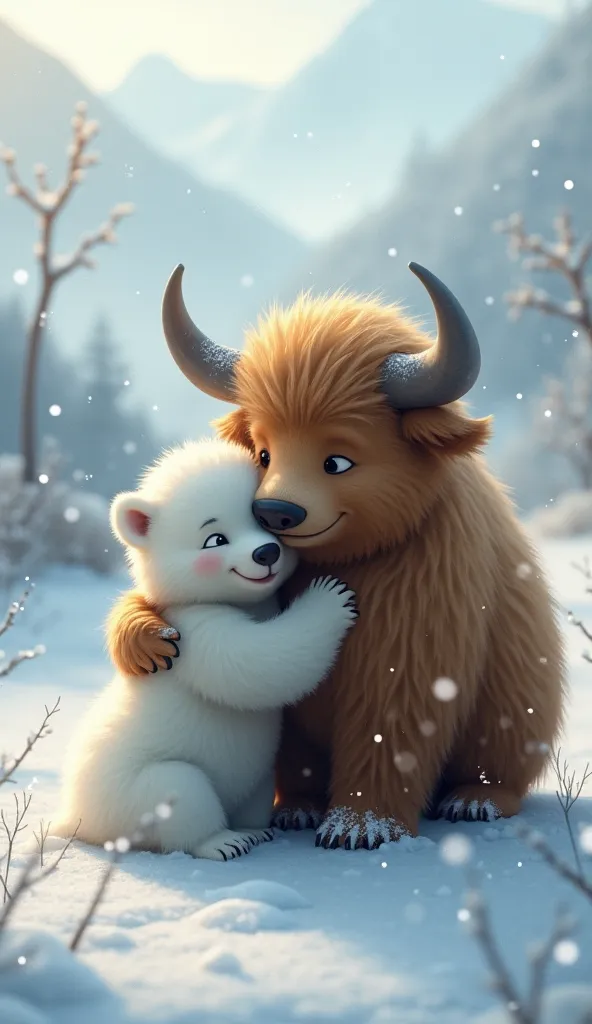 The polar bear cub cuddling close to a yak, both looking happy under the soft snowfall