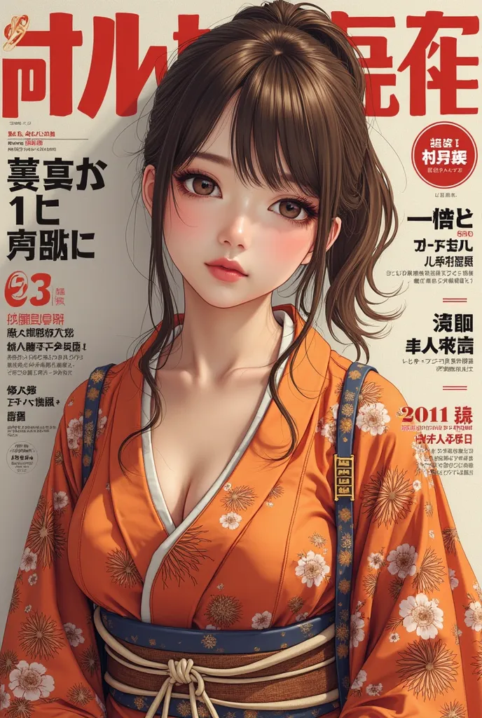 Chiori de Genshinimpact real hyperrealistic woman Hyperrealism as the protagonist of the cover and with background texts as if it were a real magazine.  outfit.  hyperrealism. live action magazine. big breasts. Brown hair with ponytail. Kimono in autumnal ...