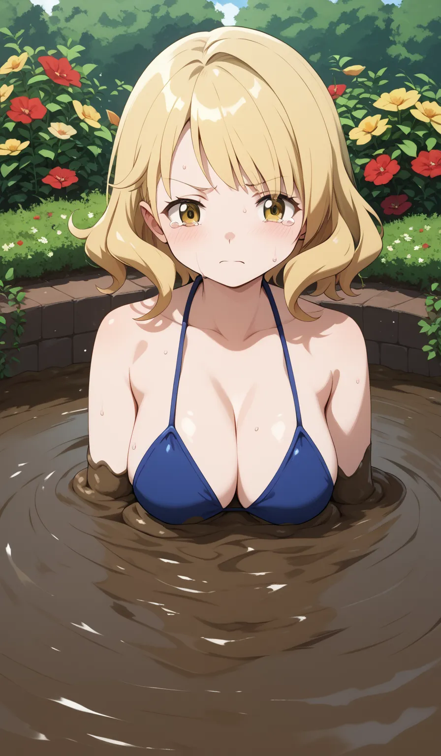 masterpiece, best quality, detailed beautiful face and eyes, very detailed background, Mami Tomoe, megami magazine, medium blonde hair, large breasts, 1girl, (upset, tears in her eyes), garden, (sinking in mud, partially submerged), bikini