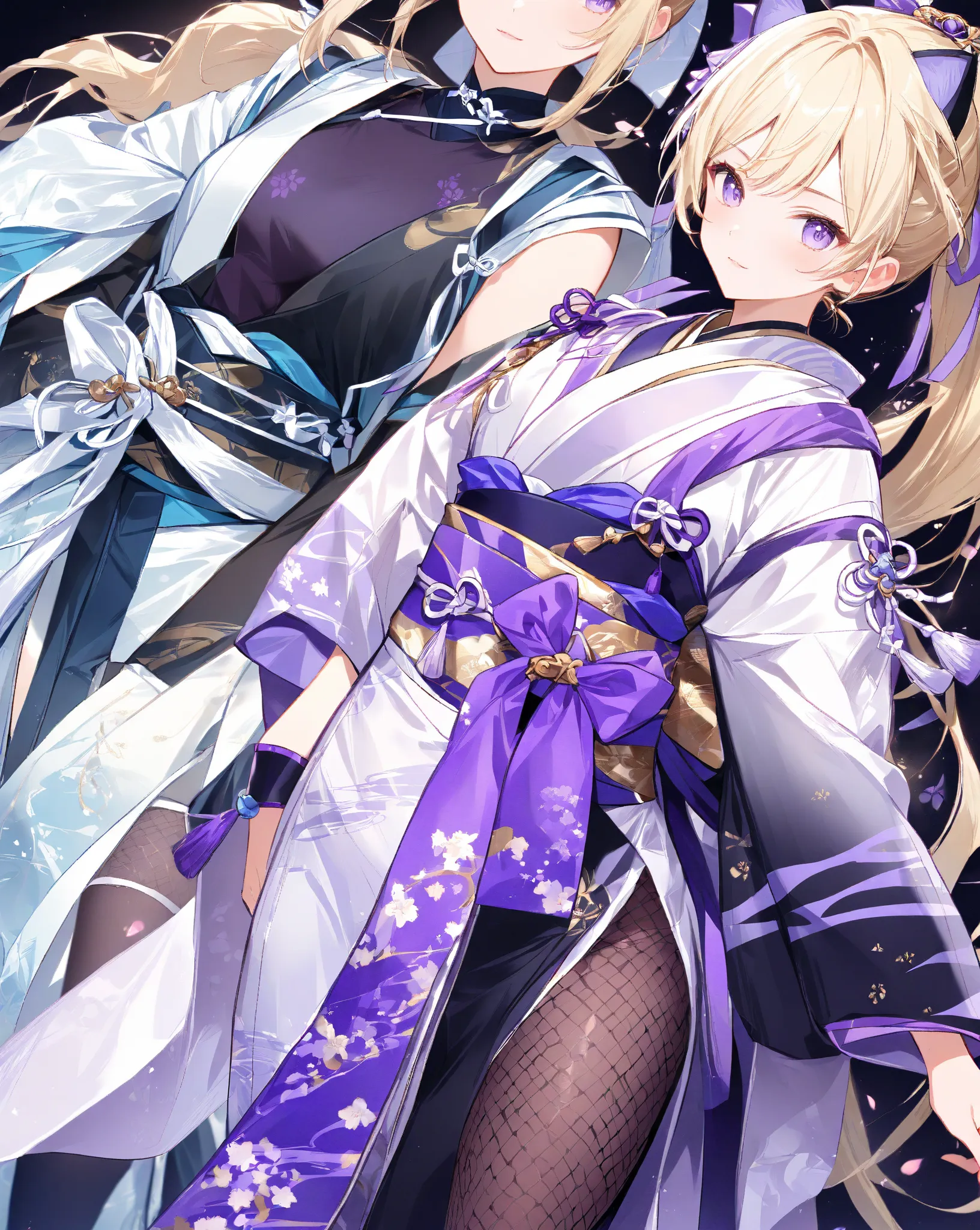 Ninja, Blond ponytail, Kimono-style costume of blue and white tones, Black innerwear, Net tights, Purple ribboned sash around waist, Flowing white ribbon on back, Cat ears-like accessories, Japanese style and elegance, Costume details: kimono design with w...