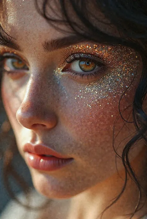 Hello, can you help me create a creative poster of a woman's face with eye makeup on her eyes with glitters and shiny gems 