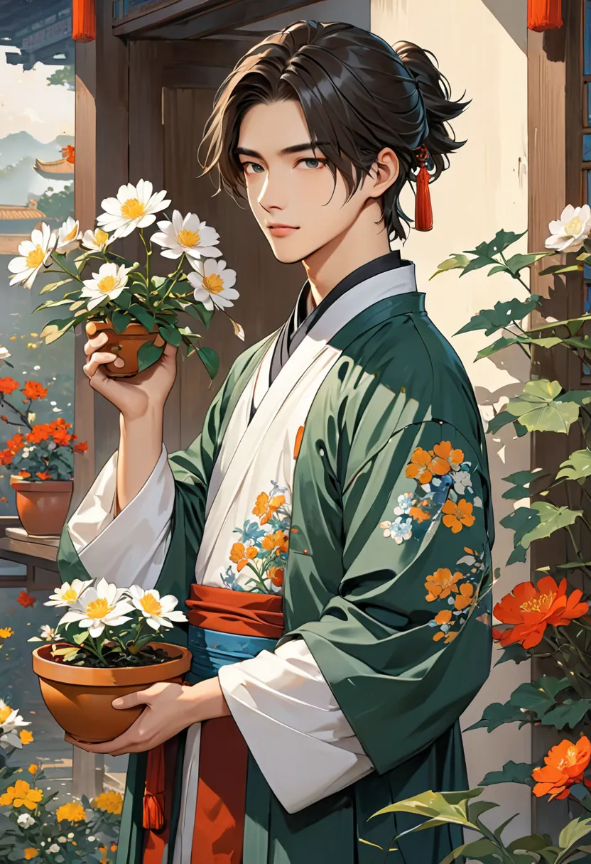 Chinese scholars, youth, cleverness, Scholar , good-looking, plant,  coated clothes, No glasses , Wear a broken gun, I'm holding a flower pot in my hand, male