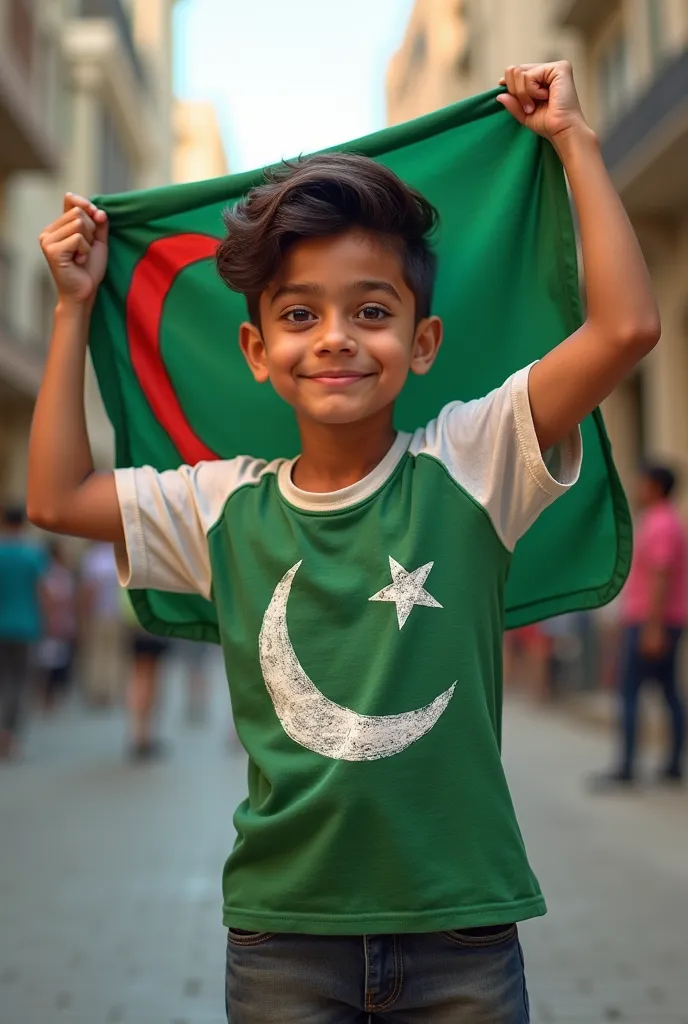 A boy Draw Pakistan flag on their shart rises their hands in air very fair color face stylish hair Pakistani flag in their right hand and Bangladeshi flag other hand 