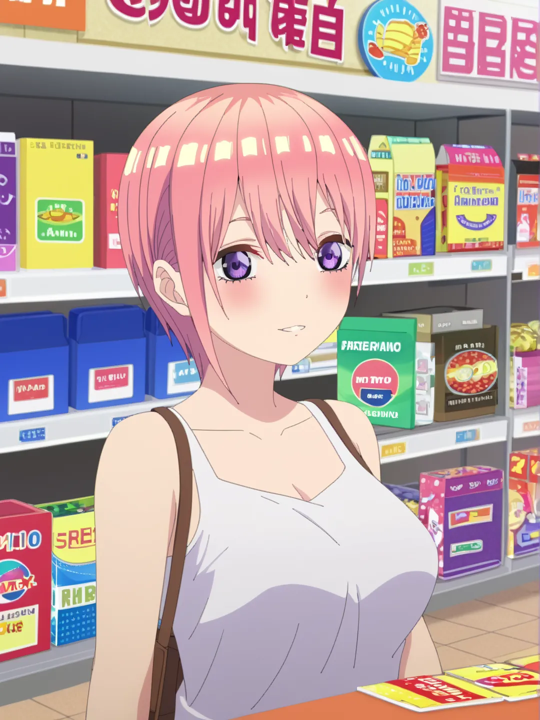 Best Quality、masterpiece、1 girl、 Nakano Ichika、short hair、pink hair、Shiny Hair、 eyebrows hidden by parasoled hair 、hair between eyes、bangs、purple eyes、I'm shopping at a store