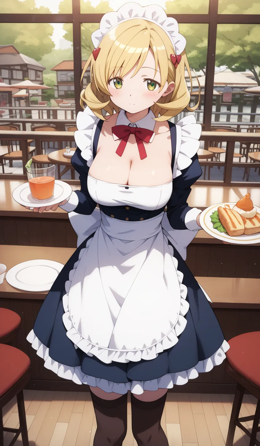 masterpiece, best quality, detailed beautiful face and eyes, very detailed background, Mami Tomoe, megami magazine, medium blonde hair, large breasts, 1girl, cafe, standing, blush, maid, maid apron, cleavage, detached collar, thigh highs, 