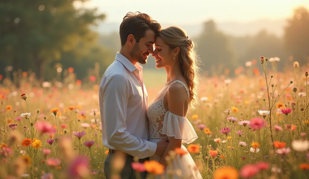 A beautiful couple in nature in a meadow with flowers and flowers. No water very bright view
Beautifully dressed, the girl's dress is closed with lace. All in flowers next to the river