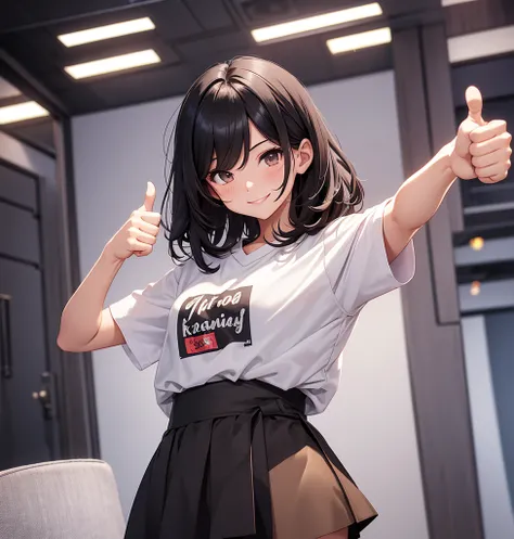 medium hair, shoulder length, black hair, hair between eyes, looking at the camera, short-sleeved shirt, mini skirt, thumbs up, smile, happy, in the room, 15years old, cowboy shot, brown eyes, japanese