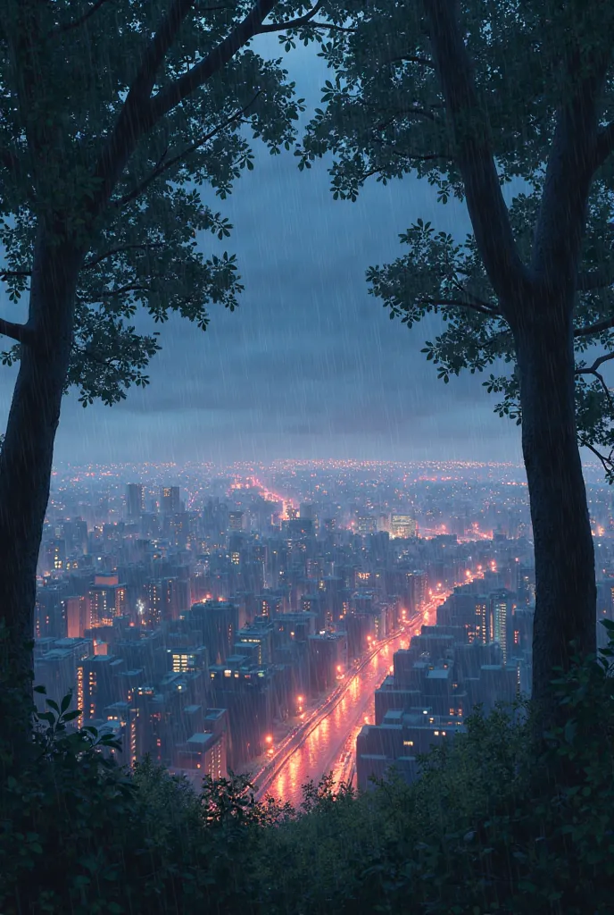 Spotlights of the city seen from a few trees with faint light of dawn and rain