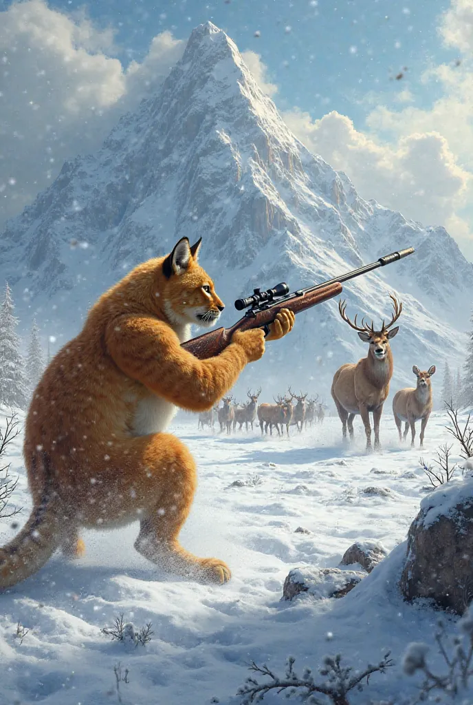 golden cat shoots a bighorn deer in the middle of a herd of running deer from a distance on a snow mountain with a sniper rifle.
