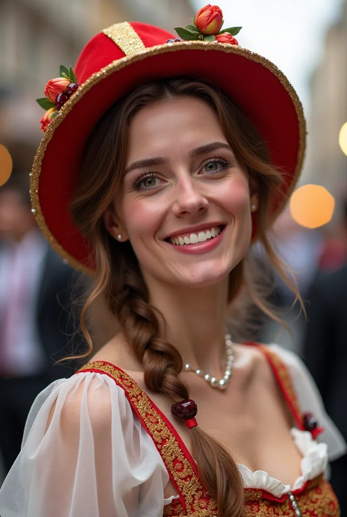 But people in carnival costumes，Adult woman，European，Brown hair， looks very happy，Dressed like a cute one