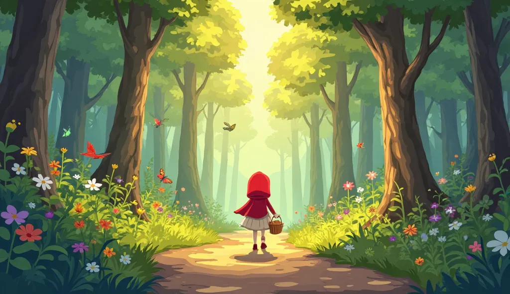 Cartoon scene: Little Red Riding Hood enters Magic Forest. Sunny forest entrance. Sunlight rays, dancing shadows. LITTLE RED RIDING HOOD: 7yo girl, red hood, light dress, basket. Amazed, curious eyes. FOREST: Tall trees, green plants, colorful flowers, but...