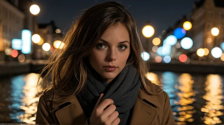 A European woman (35-45 years old) is standing on a riverfront promenade at night, surrounded by city lights reflecting on the water. She is adjusting her coat, her face illuminated by the warm city glow. Her expression is mysterious and confident, as if s...