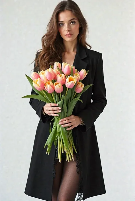 Professional photo shoot in a photo studio on a white background, prof light, perfect skin detail, light transmission, girl with a big bouquet of tulips in her hands, Darling,  feminine pose, wearing a long black jacket, long leg black lace tights, Brown h...