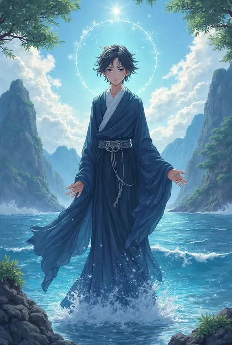 Buddha陀、Buddha、god々Shii、blue、空sea、cloud、Enlightenment、Sparkle、Release 、Amida-sama、illustrations、anime、 blue and black clothes、 character for V2、 boy、worship、Mountain、tree々、sea